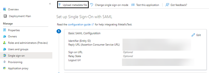 Azure SAML Upload Metadata