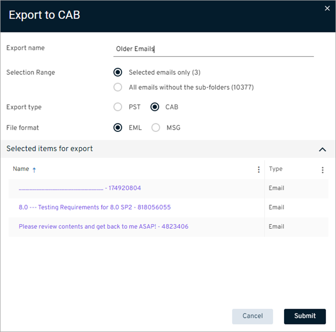 Exchange Online Export to PST and CAB