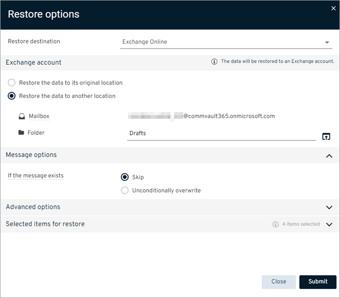 Exchange Online Self-Service Restore Out of Place Submit